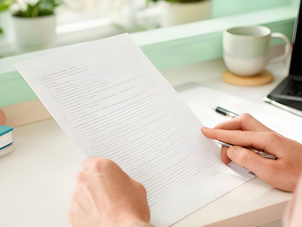 Persona revisando una política de privacidad impresa en una mesa de trabajo luminosa
