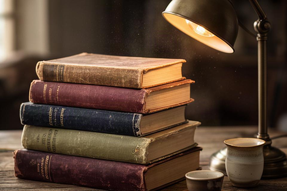 Libros de literatura española apilados sobre una mesa de madera junto a una lámpara de lectura