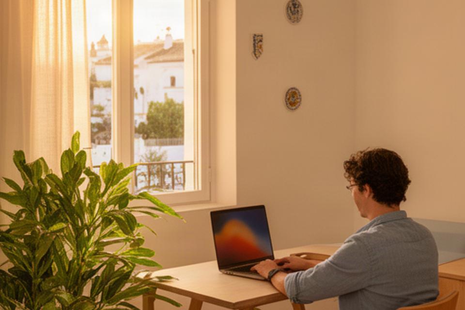 Persona trabajando con portátil en un hogar andaluz luminoso junto a una planta y una ventana
