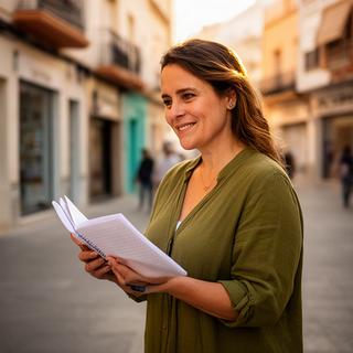 Valenciana Jabal, corresponsal andaluza, tomando notas en una calle de Dos Hermanas