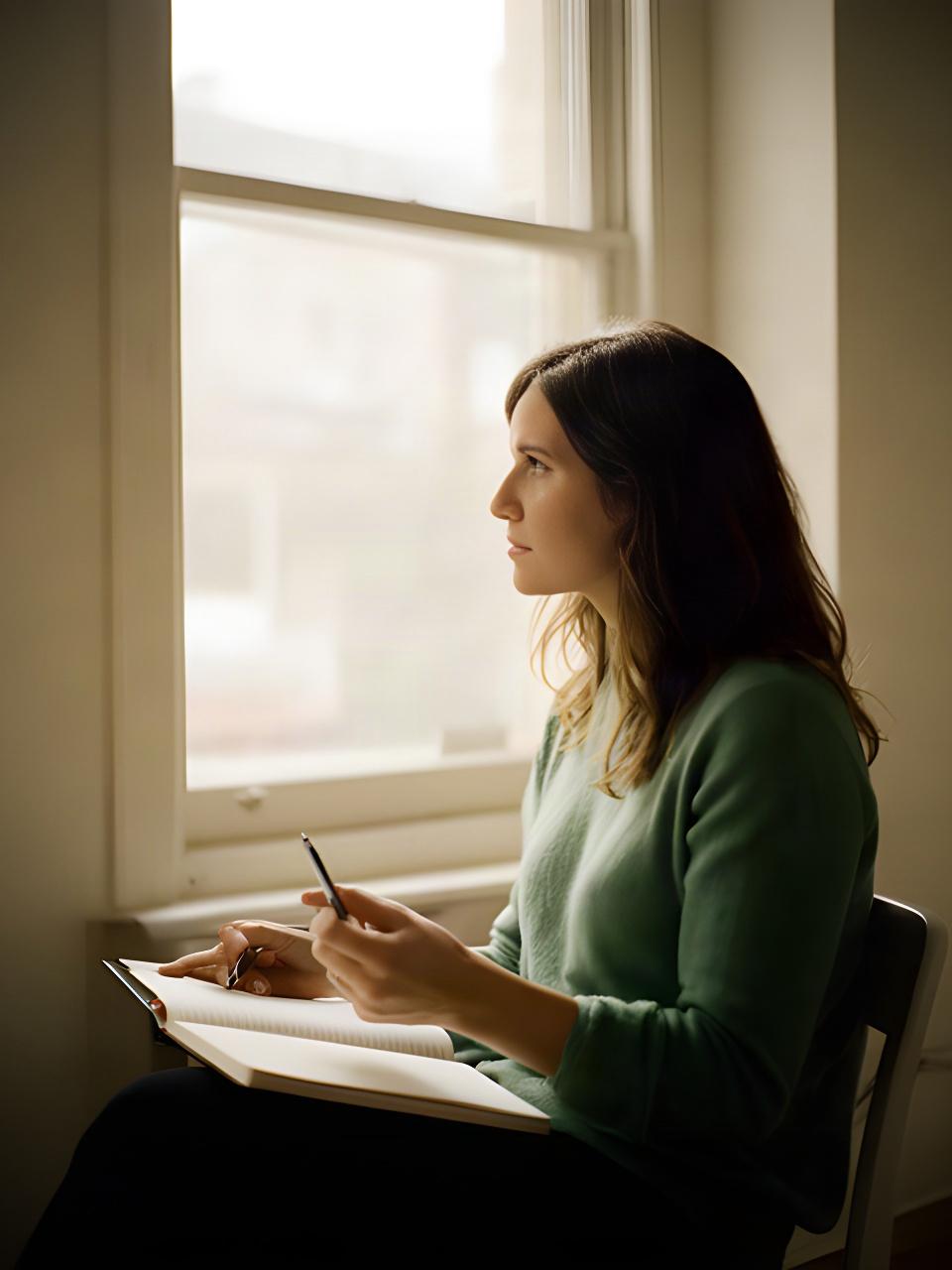 Lectora tomando notas frente a una ventana mientras consulta un artículo de actualidad