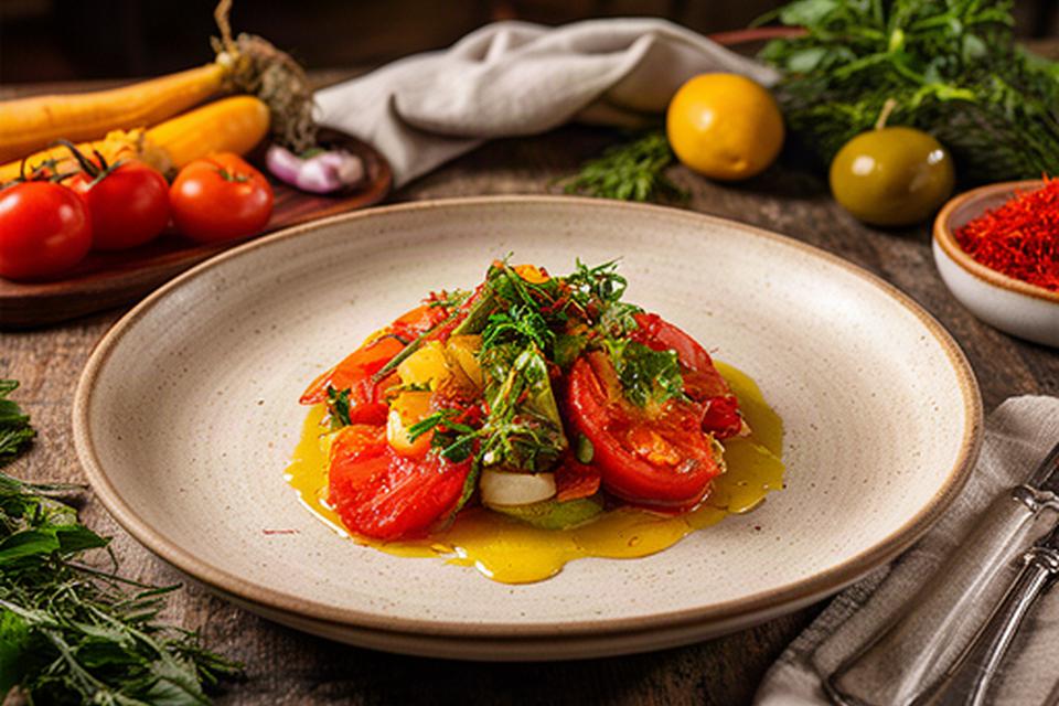 Plato de cocina sevillana de temporada servido en una mesa de restaurante con luz cálida