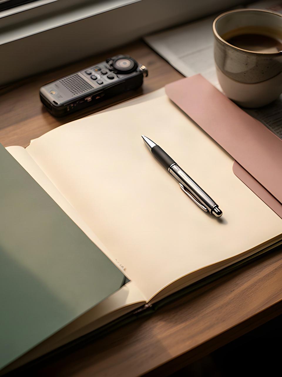 Cuaderno abierto con preguntas de entrevista, bolígrafo y notas sobre una mesa de redacción