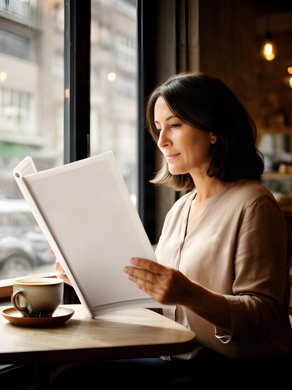 Lectora revisando un periódico junto a una ventana en una cafetería