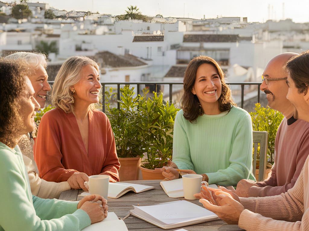 Grupo diverso de lectores conversando en una terraza luminosa de Dos Hermanas