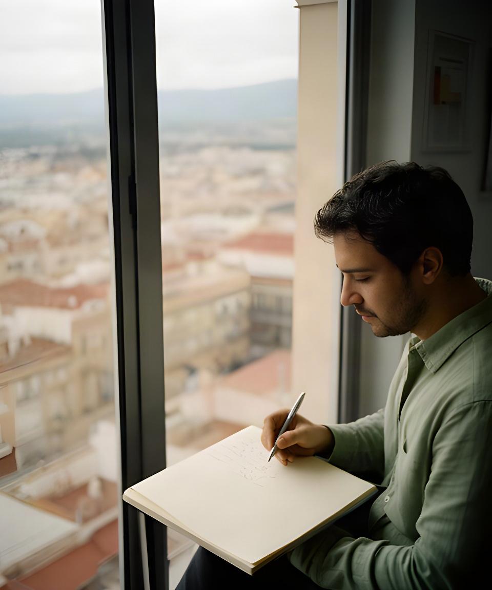 Periodista tomando notas junto a una ventana con vistas urbanas de Dos Hermanas durante una reunión editorial
